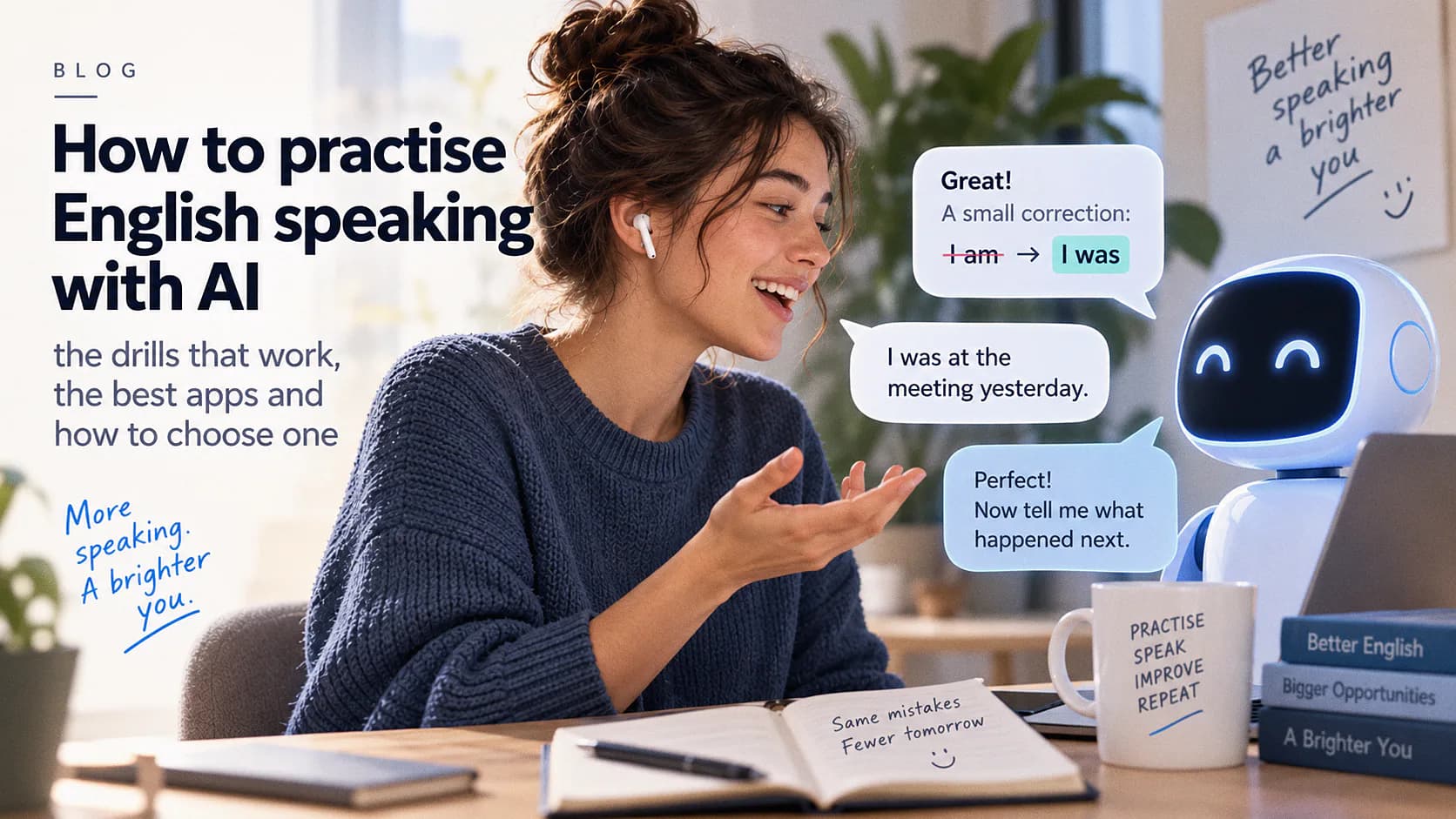 A learner speaking English out loud with an earphone in while an AI assistant shows a correction beside her: “I am” struck through and replaced with “I was”.