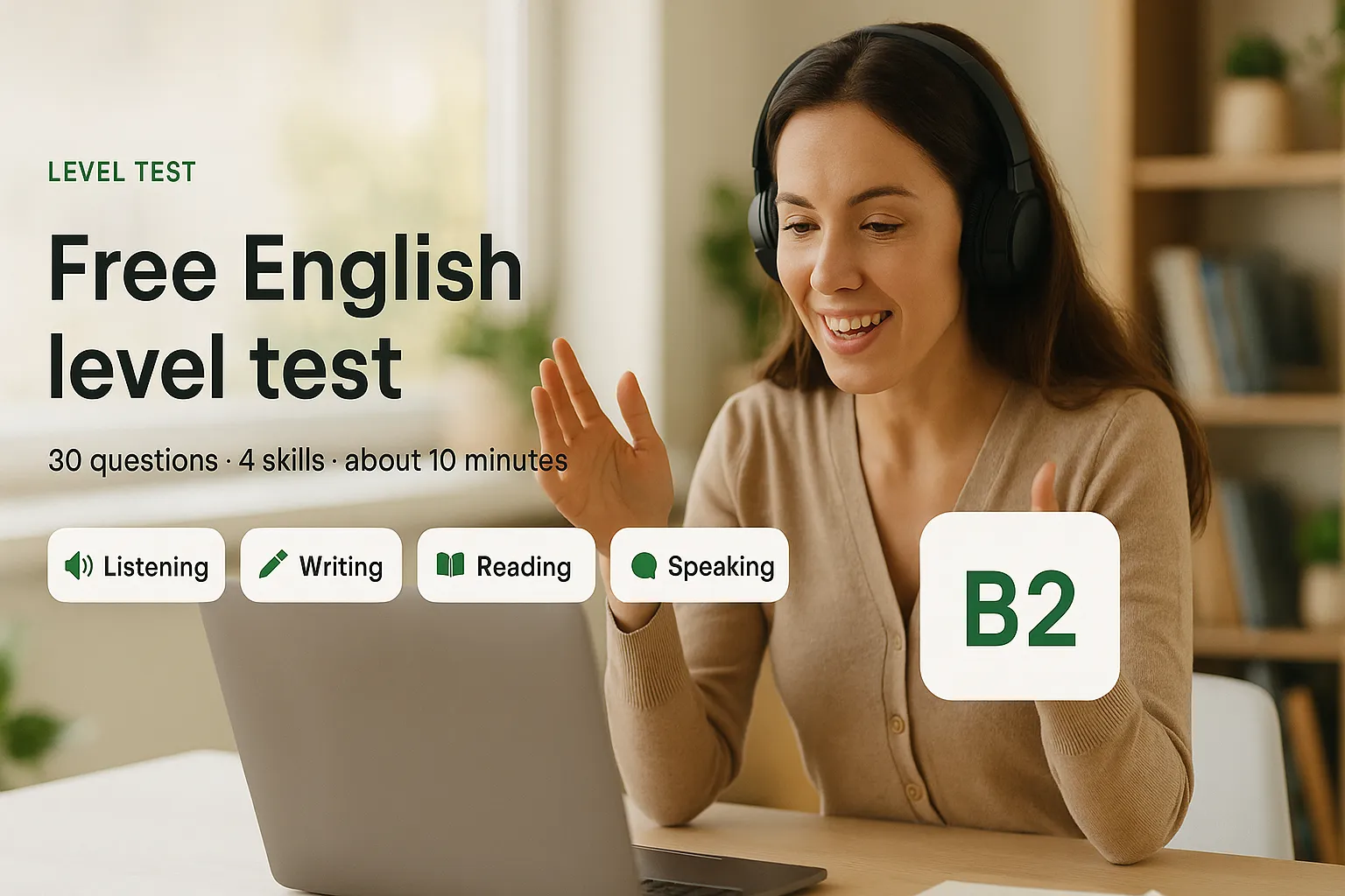 A woman wearing headphones speaks to a laptop while taking the English level test: listening, writing, reading and speaking, with a B2 result.
