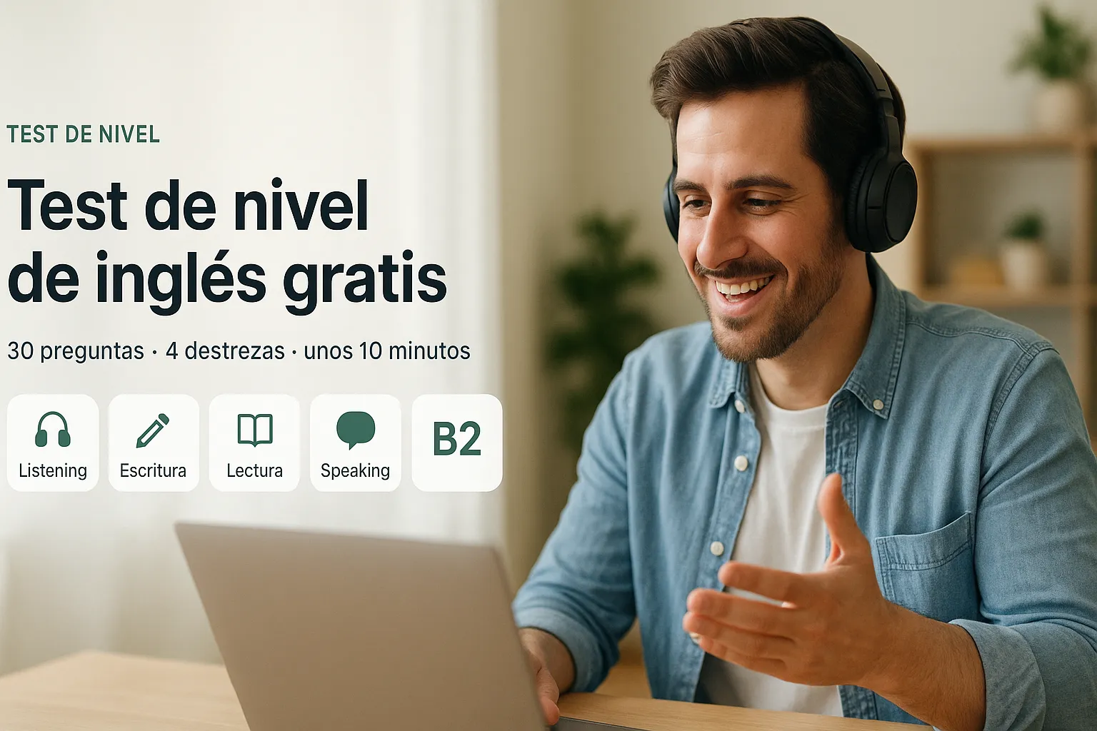 Un hombre con auriculares habla frente a un portátil mientras hace el test de nivel de inglés: listening, escritura, lectura y speaking, con resultado B2.